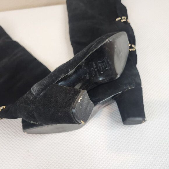 Vintage 90s Over Knee High Suede Black Boots Size 7 Block Heel Tall Pull On - Picture 5 of 7
